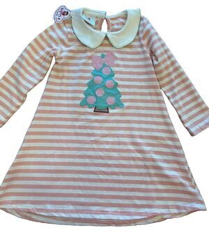 NWT Ruffle Girl Pink Stripe Cotton Christmas Tree Appliqué Girls Dress Sz XL(10)